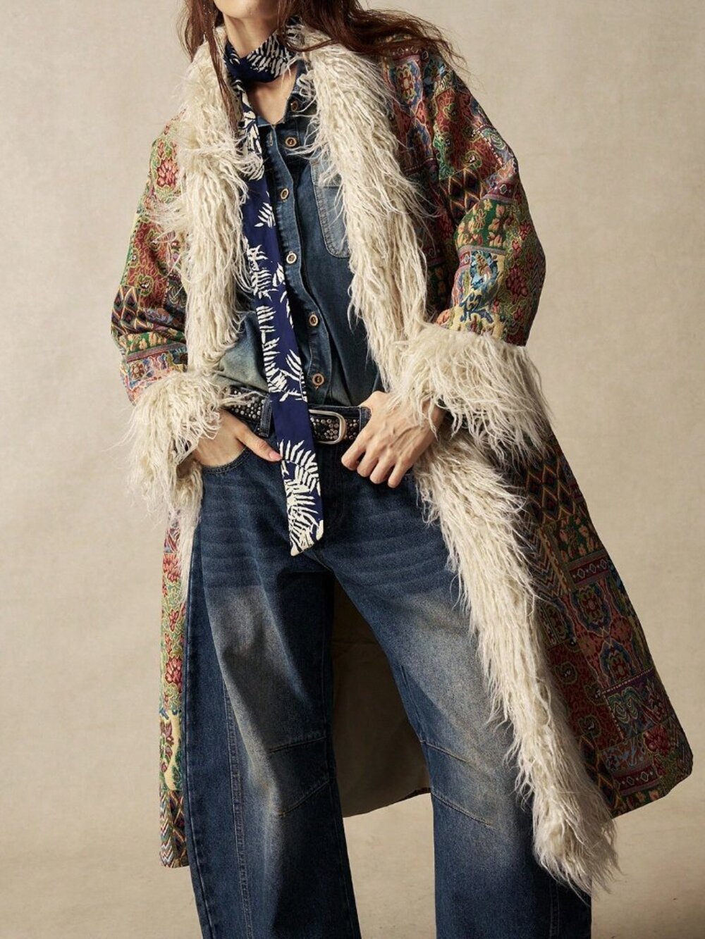 Multicolor Casual Women's Jacquard Faux Fur Coat - Picture 4 of 8